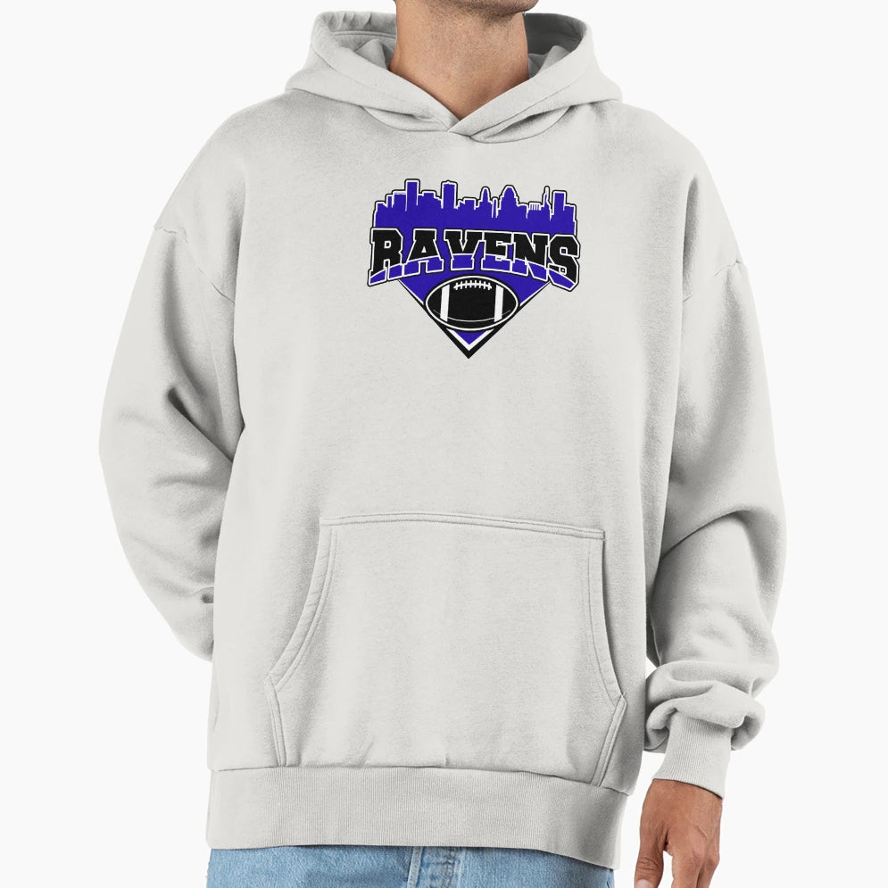 Ravens Football Skyline Football Team Hoodie - Novelty Apparel for Adults - T-Shirt, Sweatshirt, Hoodie