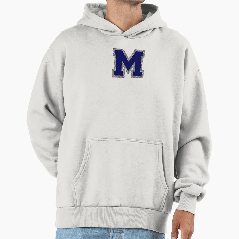 Silver And Navy Varsity Letter M Hoodie - Aesthetic Graphic Men Women - T-Shirt, Sweatshirt, Hoodie