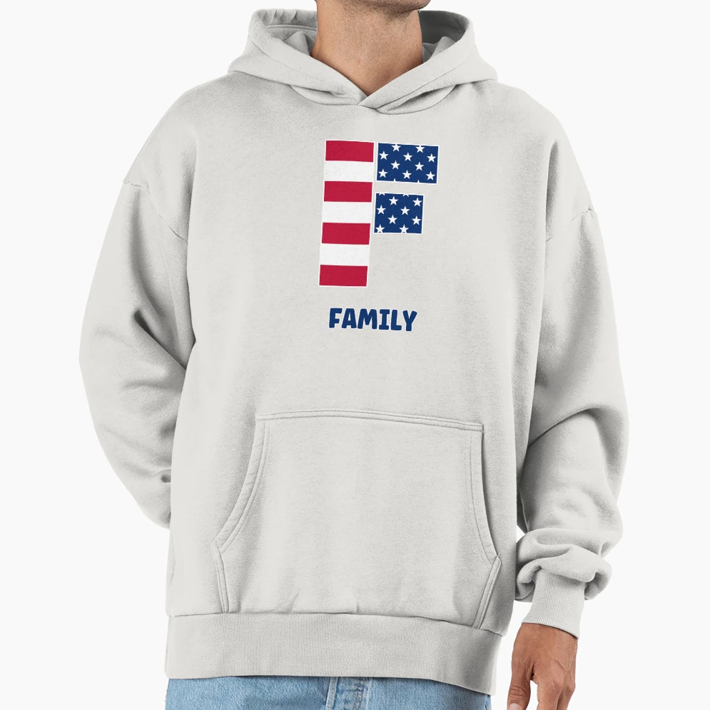 Letter F Family Usa Flag Hoodie - Casual Everyday Wear for Adults - T-Shirt, Sweatshirt, Hoodie