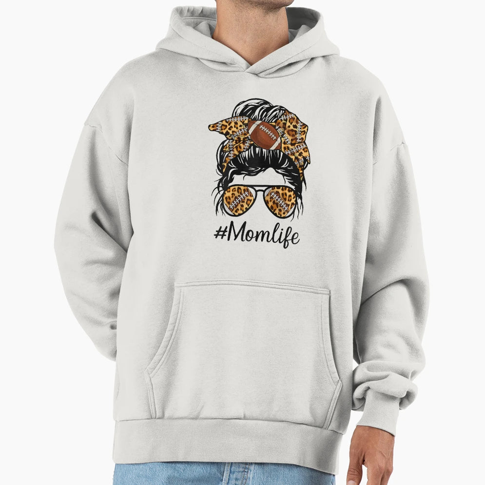 Football Mom Life Messy Bun Mothers Day Hoodie - Graphic Print Unisex - T-Shirt, Sweatshirt, Hoodie