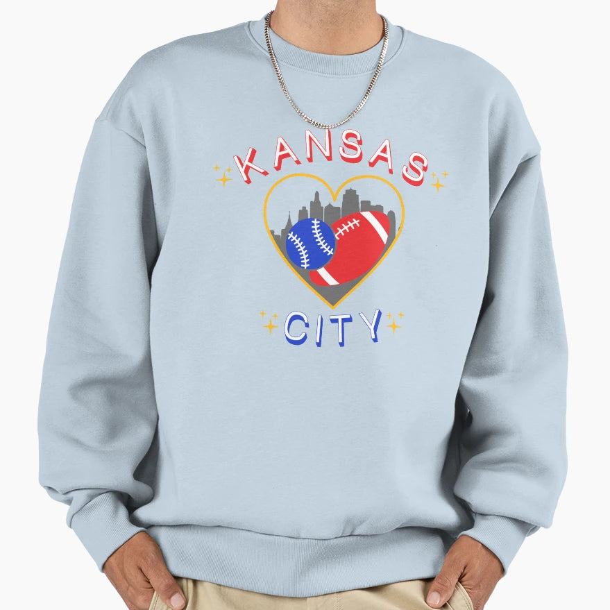 Kansas City Baseball Football Heart Sweatshirt - Novelty Apparel Men Women - T-Shirt, Sweatshirt, Hoodie