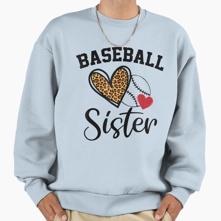 Baseball Sister Leopard Heart Funny Sweatshirt - Streetwear Style Unisex - T-Shirt, Sweatshirt, Hoodie