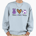 Purple Peace Love And Soccer Sweatshirt - Unique Graphic Unisex - T-Shirt, Sweatshirt, Hoodie
