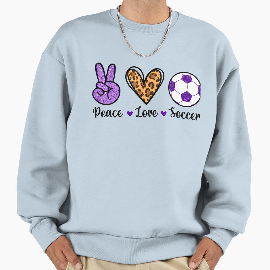 Purple Peace Love And Soccer Sweatshirt - Unique Graphic Unisex - T-Shirt, Sweatshirt, Hoodie