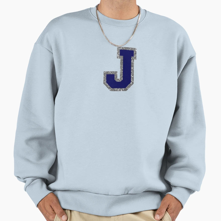 Silver And Navy Varsity Letter J Sweatshirt - Custom Art Print Unisex - T-Shirt, Sweatshirt, Hoodie