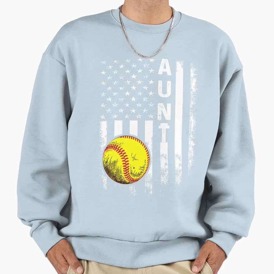 Softball Aunt American Flag Sweatshirt - Unique Graphic Unisex - T-Shirt, Sweatshirt, Hoodie