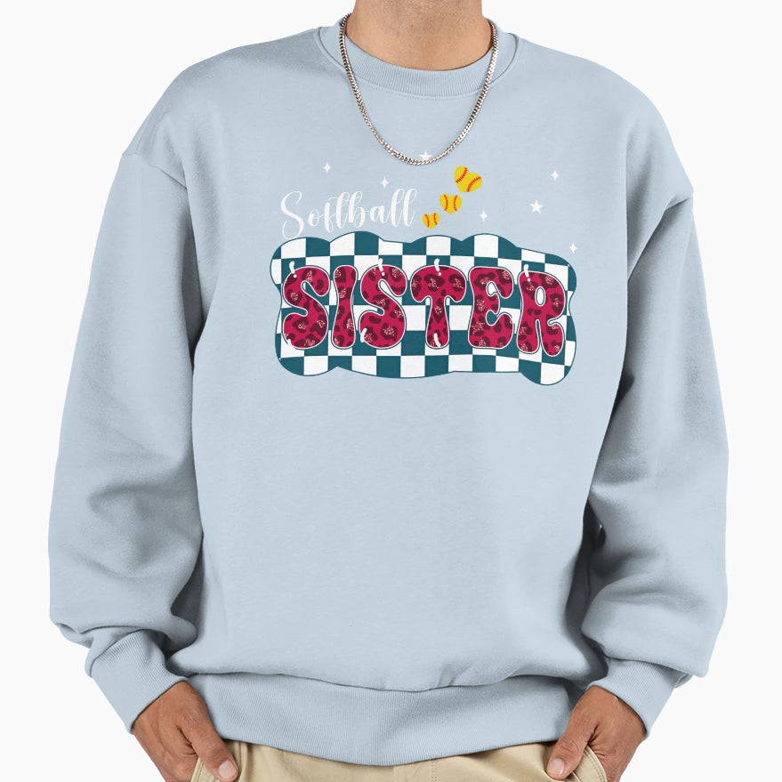 Softball Sister Checkered Leopard Sweatshirt - Fun Novelty Design Men Women - T-Shirt, Sweatshirt, Hoodie