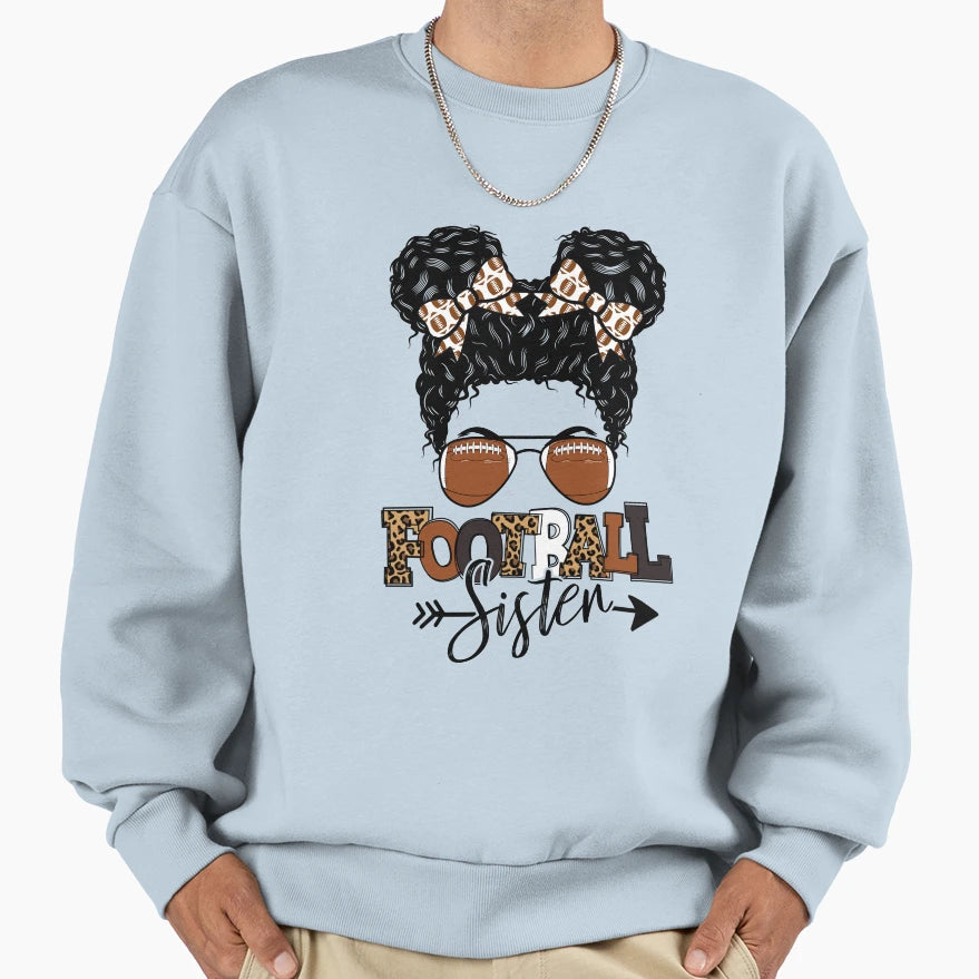 Football Sister Leopard Black Messy Bun Sweatshirt - Graphic Print Unisex - T-Shirt, Sweatshirt, Hoodie