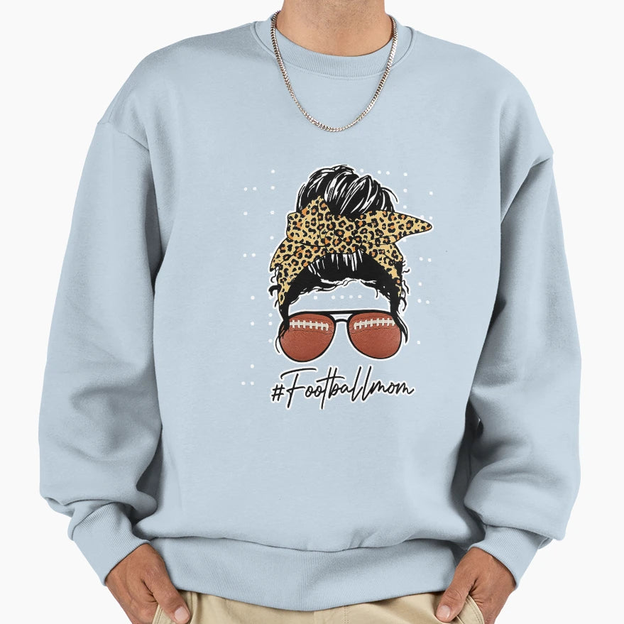 Football Mom Leopard Messy Bun Sweatshirt - Graphic Print Unisex - T-Shirt, Sweatshirt, Hoodie