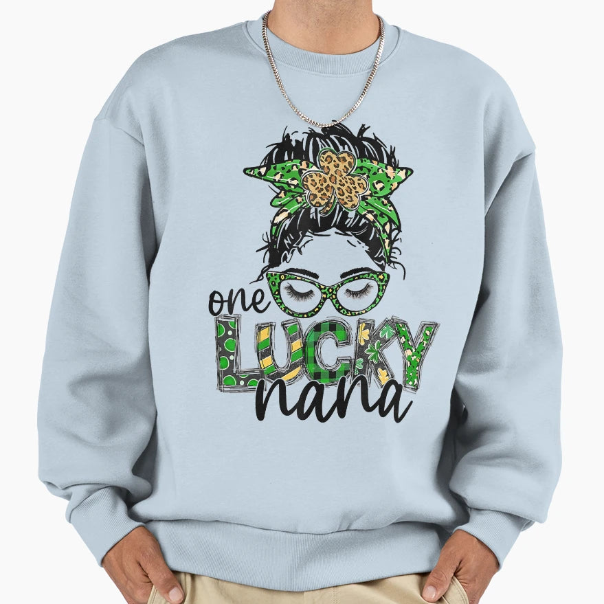 One Lucky Nana Messy Bun Leopard St Sweatshirt - Minimalist Print Unisex - T-Shirt, Sweatshirt, Hoodie