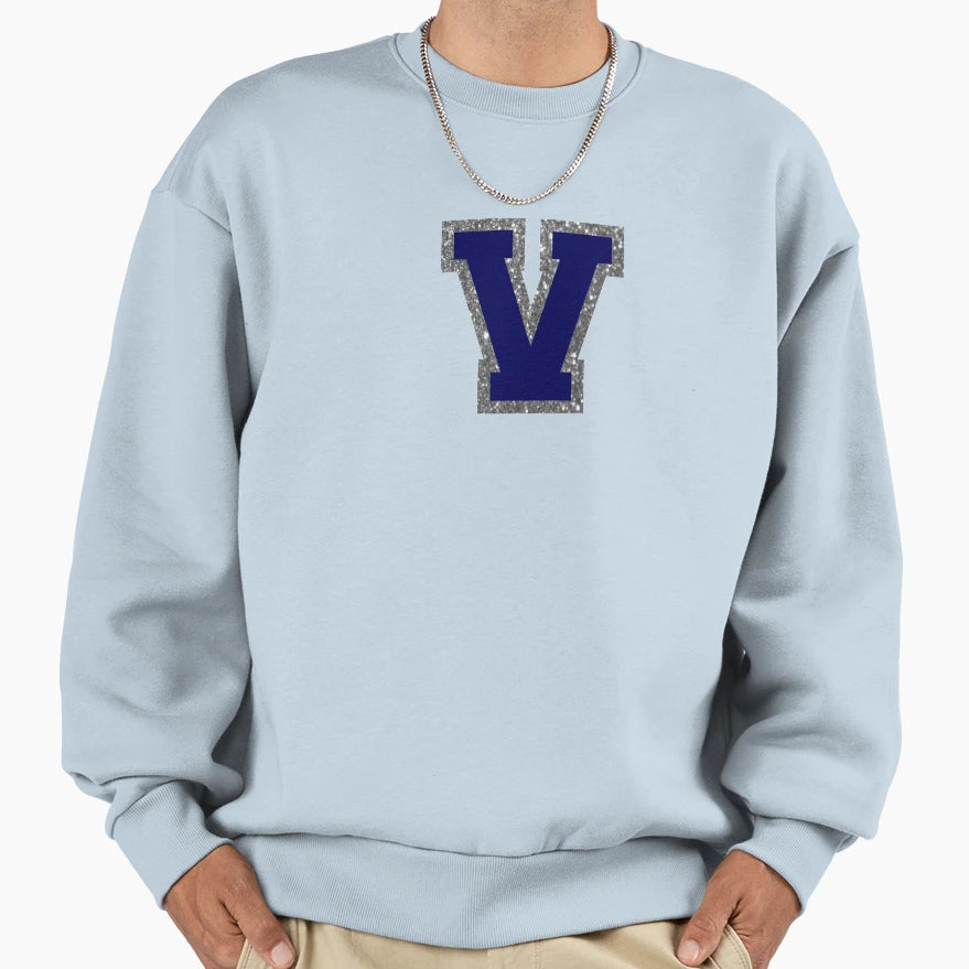 Silver And Navy Varsity Letter V Sweatshirt - Unique Graphic Unisex - T-Shirt, Sweatshirt, Hoodie