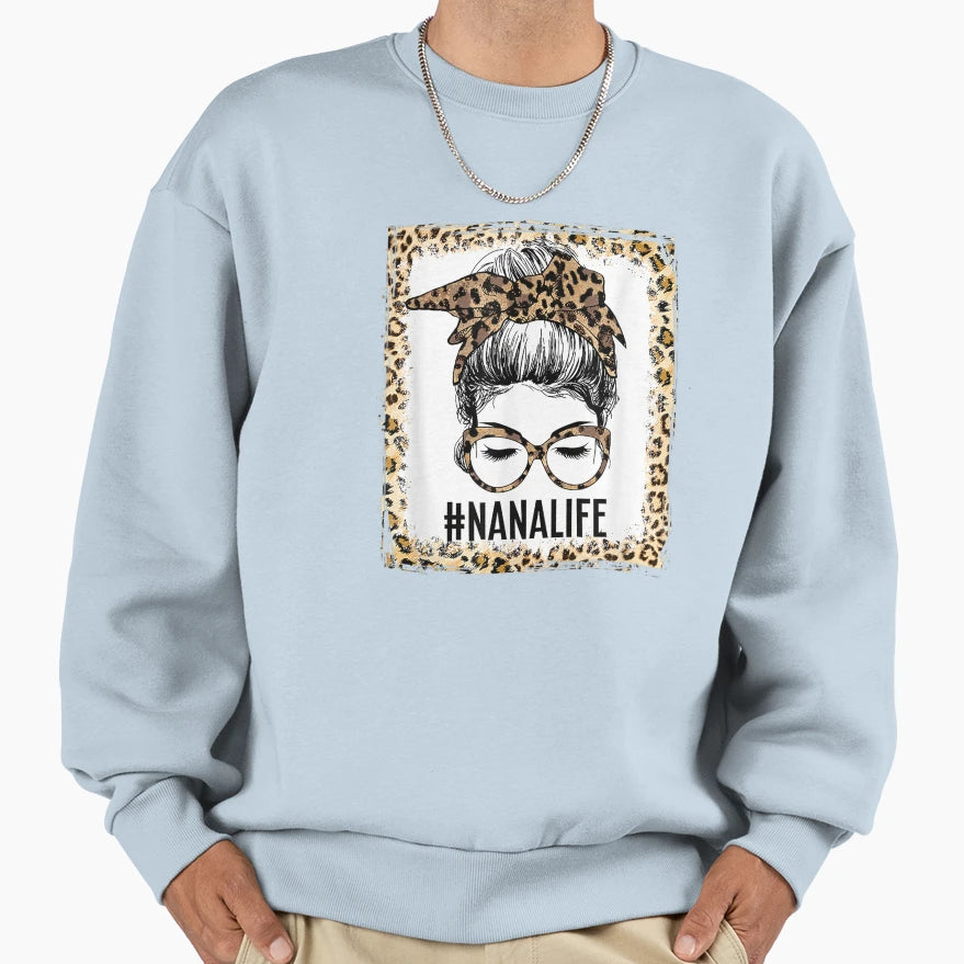 Bleached Nana Life Messy Bun Leopard T-Shirt - Unique Graphic for Adults - T-Shirt, Sweatshirt, Hoodie