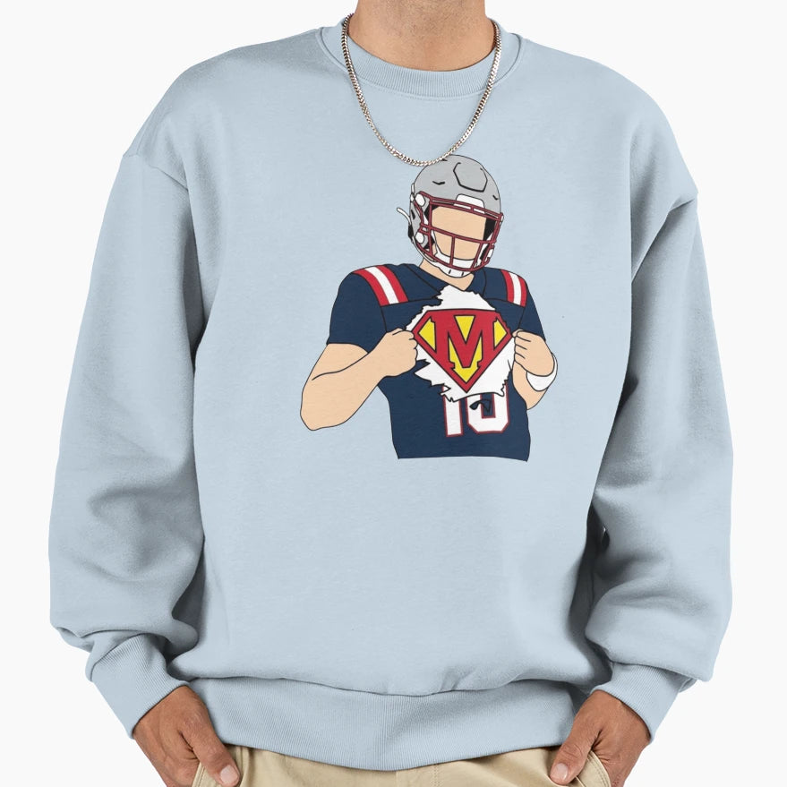 Drake Maye Superman Celebration Sweatshirt - Unique Graphic for Adults - T-Shirt, Sweatshirt, Hoodie