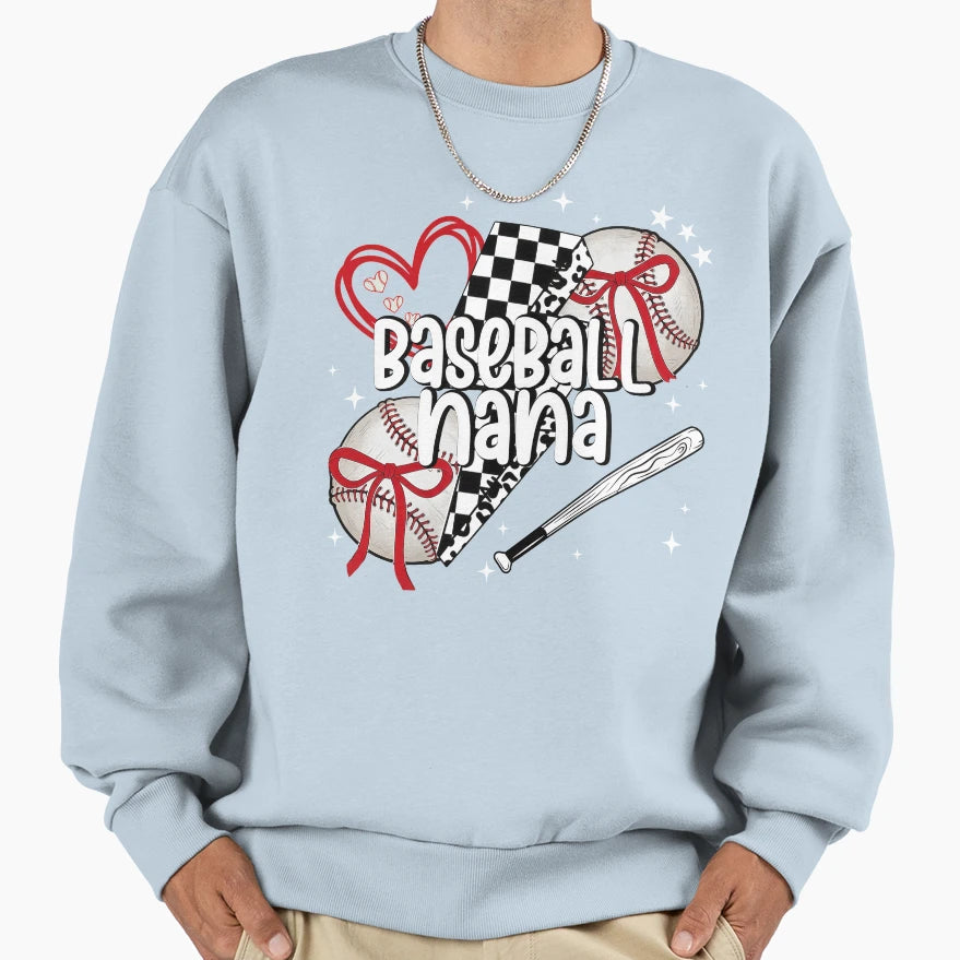 Baseball Nana Bow Checkerboard Heart Sweatshirt - Trendy Graphic Unisex - T-Shirt, Sweatshirt, Hoodie