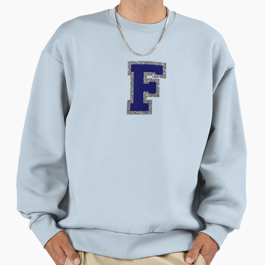 Silver And Navy Varsity Letter F Sweatshirt - Trendy Graphic Men Women - T-Shirt, Sweatshirt, Hoodie
