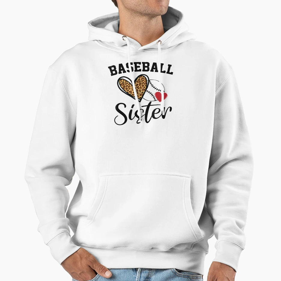 Baseball Sister Leopard Heart Funny Hoodie - Fun Novelty Design for Adults - T-Shirt, Sweatshirt, Hoodie