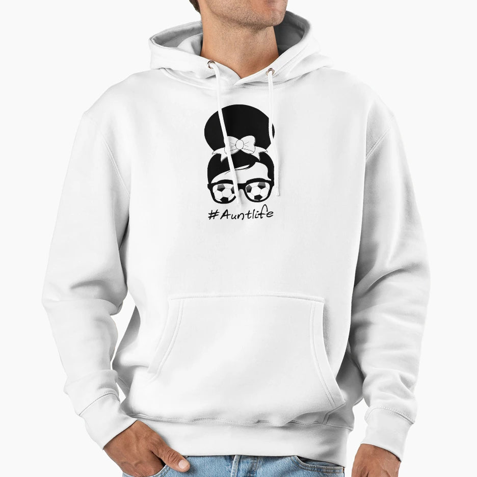 Funny Aunt Life Soccer Messy Bun Auntie Hoodie - Minimalist Print Unisex - T-Shirt, Sweatshirt, Hoodie