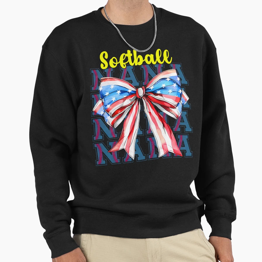 Patriotic Softball Nana Bow Sweatshirt - Graphic Print Unisex - T-Shirt, Sweatshirt, Hoodie