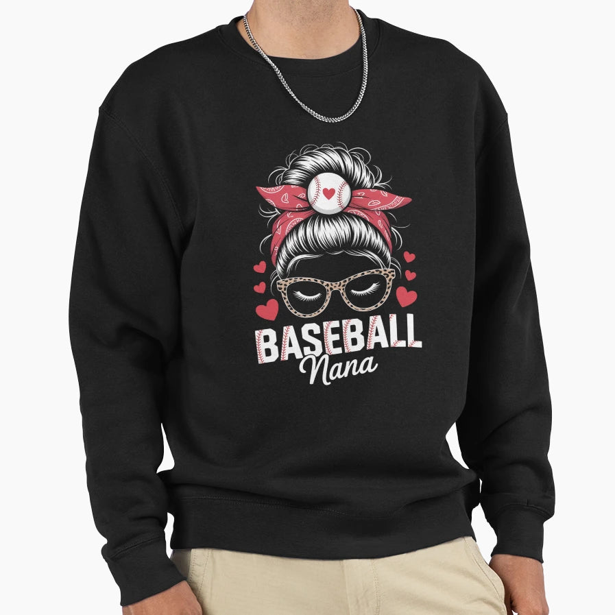 Baseball Nana Messy Bun Sweatshirt - Novelty Apparel Unisex - T-Shirt, Sweatshirt, Hoodie