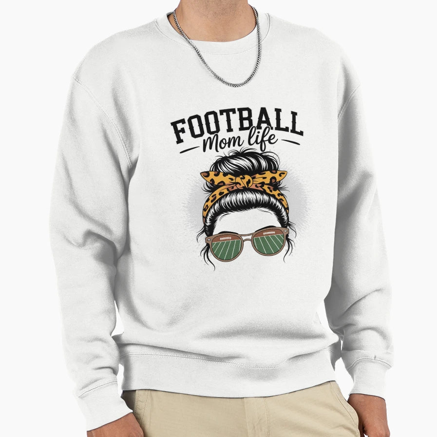 Bleached Football Messy Bun Mom Life Sweatshirt - Graphic Print Unisex - T-Shirt, Sweatshirt, Hoodie