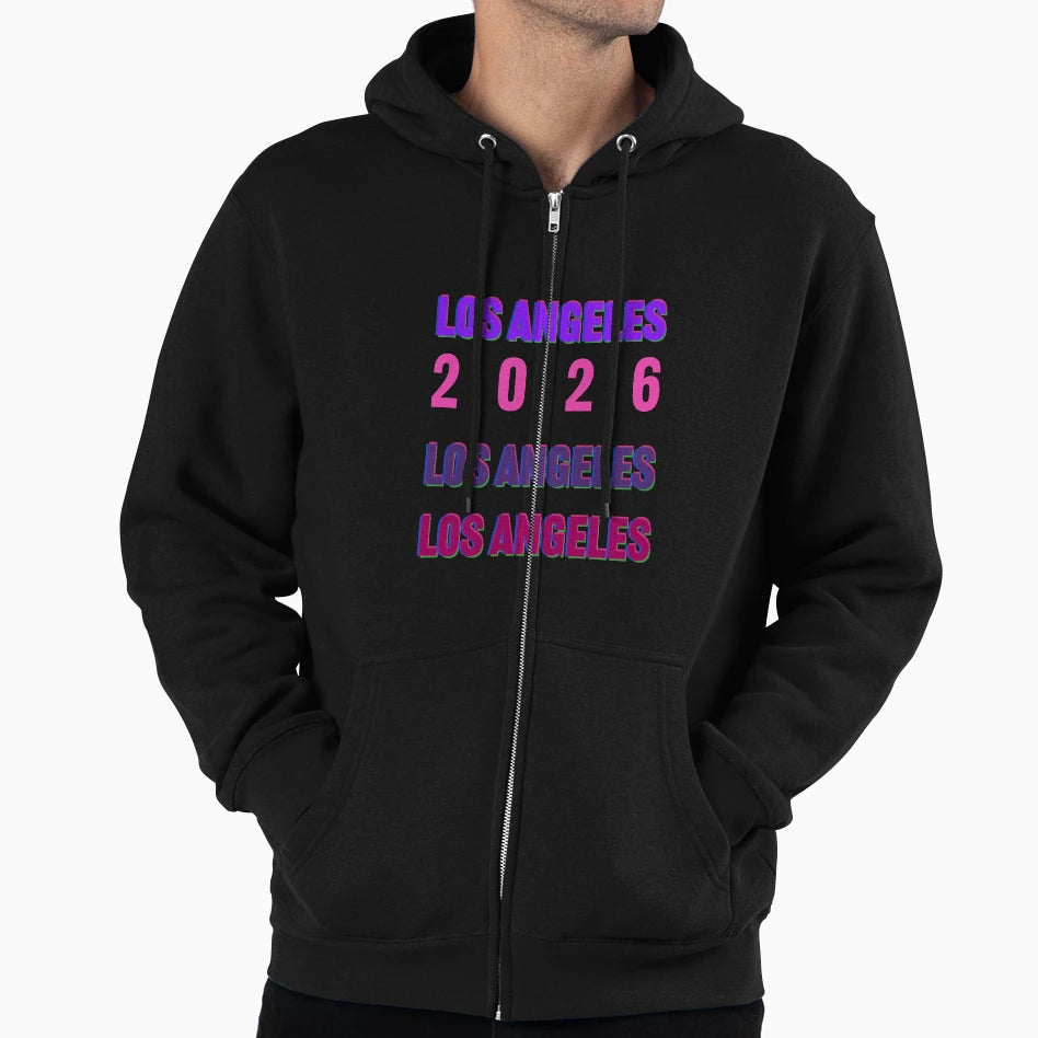 Los Angeles 2026 Layered Typography Hoodie - Novelty Apparel for Adults - T-Shirt, Sweatshirt, Hoodie