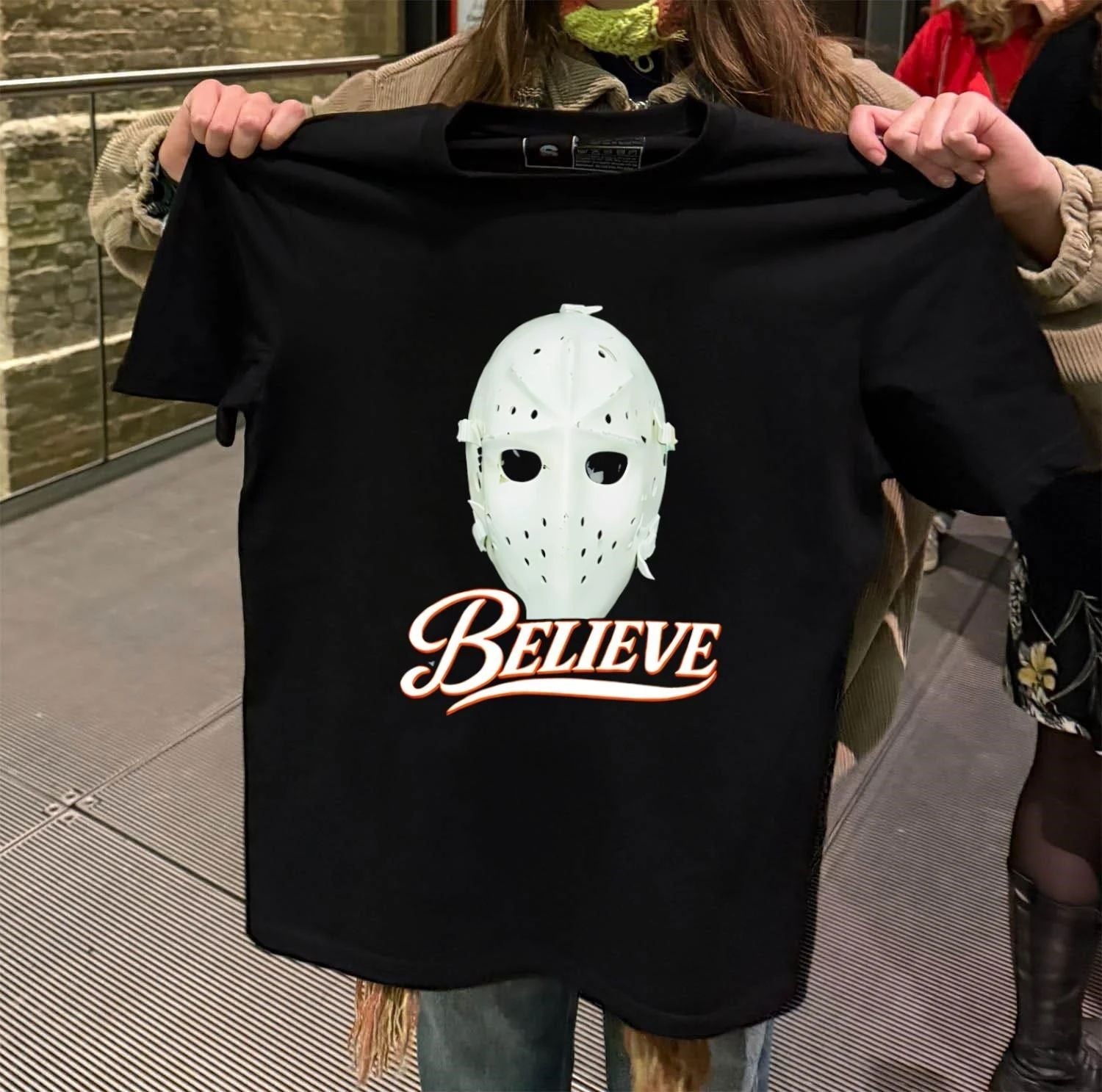 White Hockey Goal Keeper Mask Believe Sports - Adult & Kids T-Shirts, Sweatshirts & Hoodies apparel design preview 2