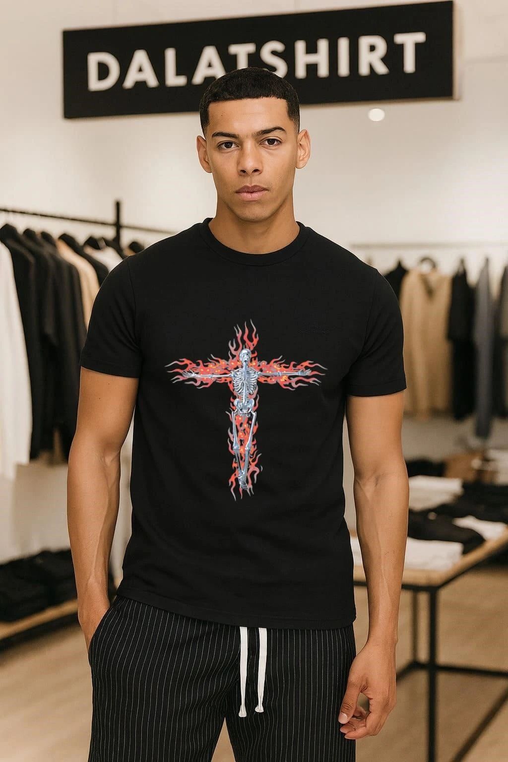 Metallic Silver Skeleton On Fire Red Flames Gothic - Adult & Kids T-Shirts, Sweatshirts & Hoodies apparel design preview 1