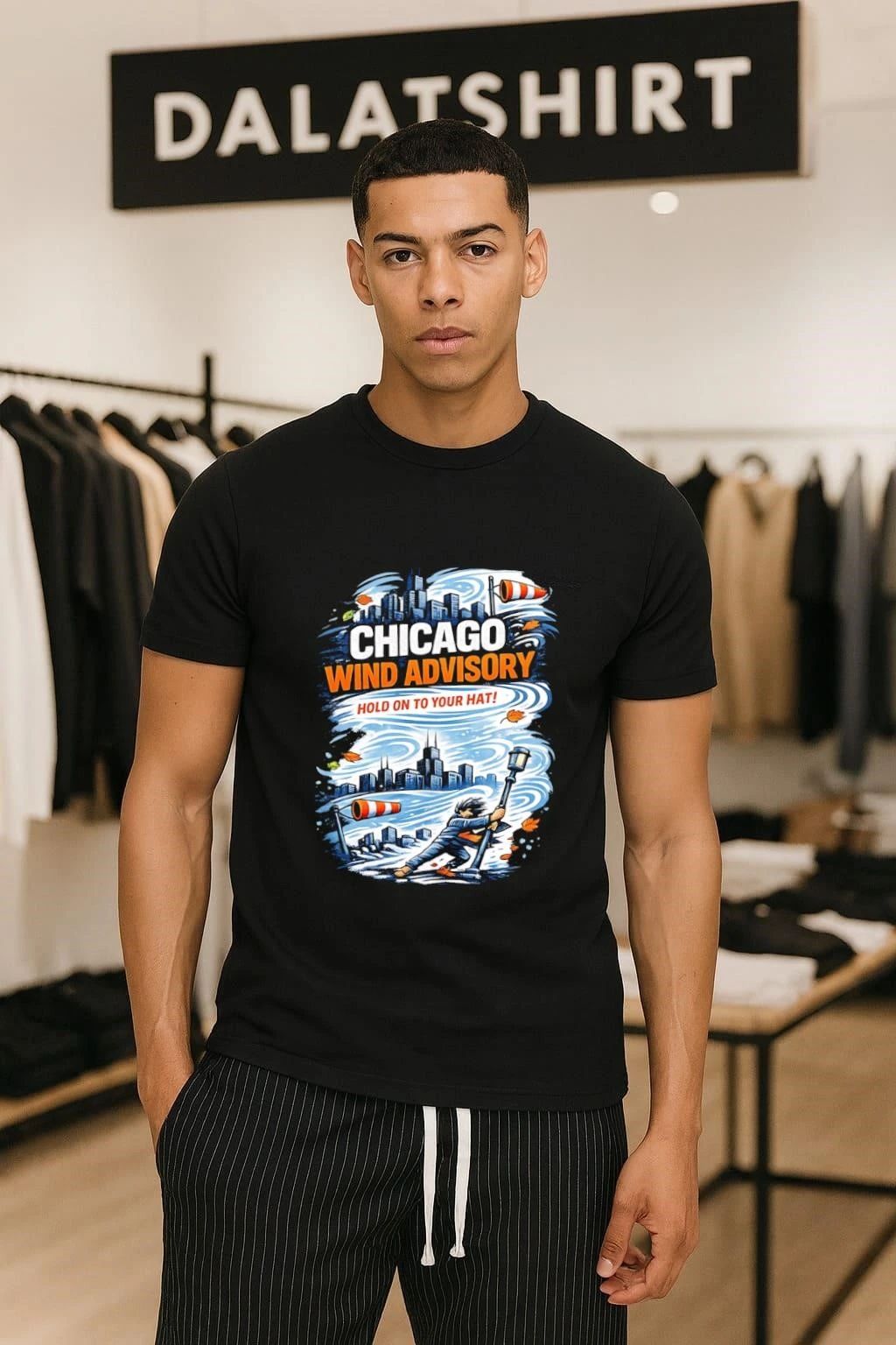 Chicago Wind Advisory Hold On To Your Hat - Adult & Kids T-Shirts, Sweatshirts & Hoodies apparel design preview 1