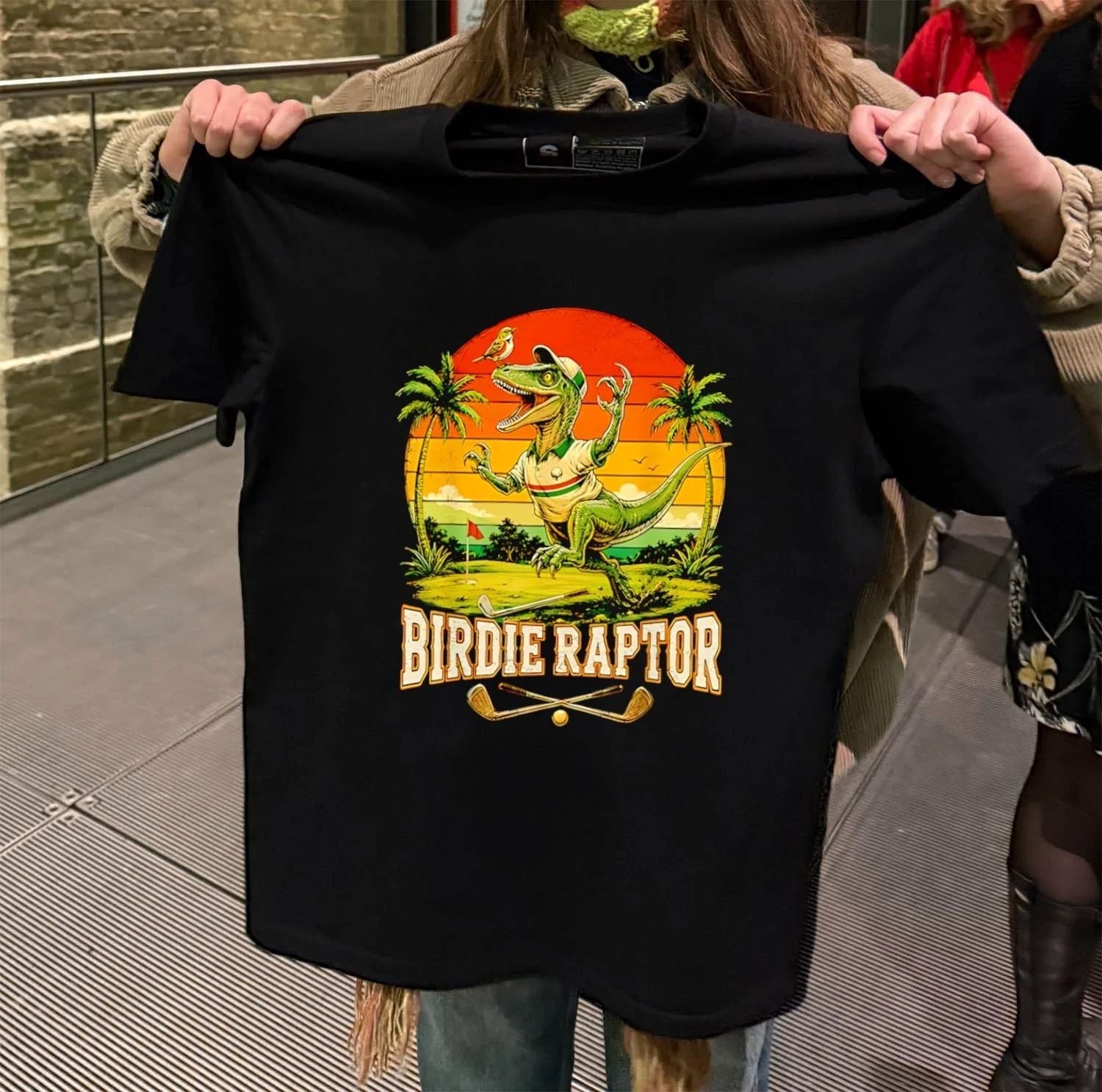 Birdie Raptor Dinosaur Playing Golf Vintage Sunset - Adult & Kids T-Shirts, Sweatshirts & Hoodies apparel design preview 2