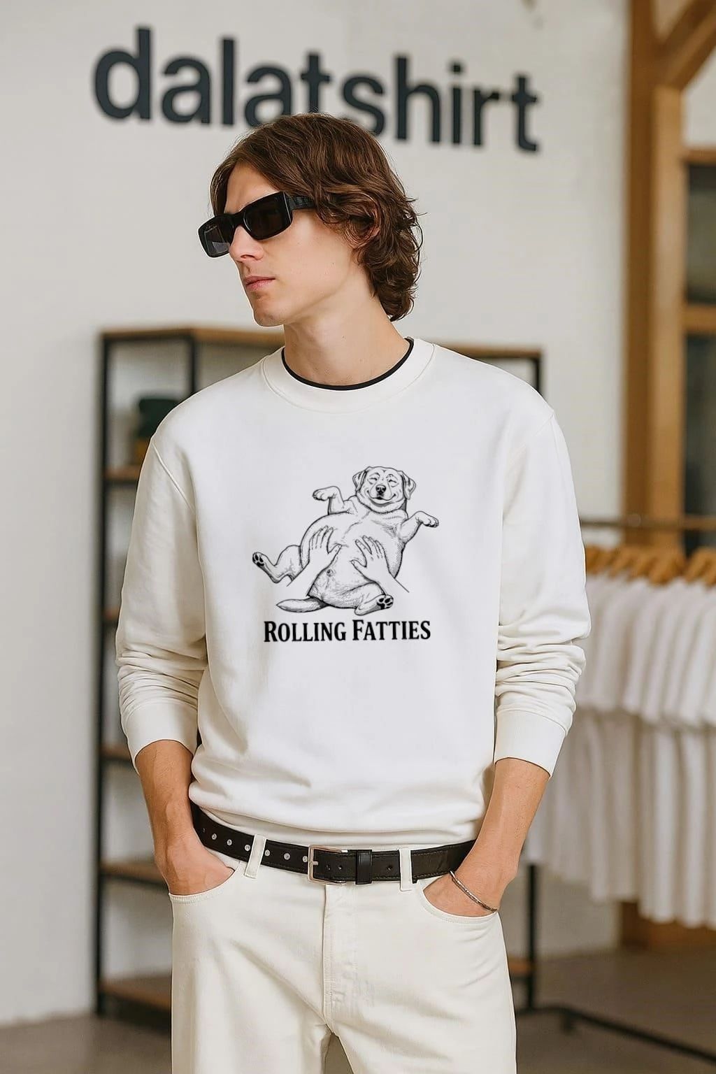 Rolling Fatties Happy Fat Dog Belly Rub Illustration - Adult & Kids T-Shirts, Sweatshirts & Hoodies apparel design preview 2