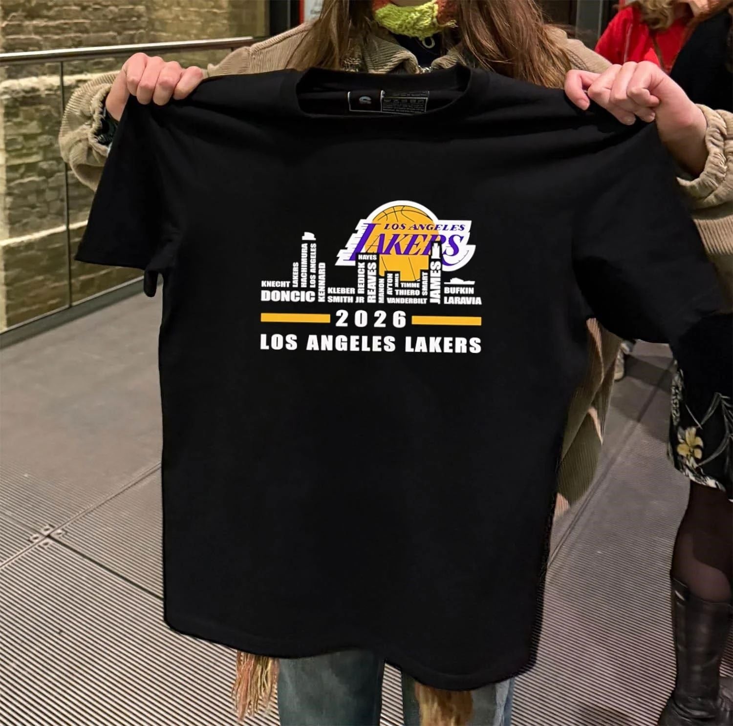 Los Angeles Lakers 2026 logo name players skyline - Adult & Kids T-Shirts, Sweatshirts & Hoodies apparel design preview 2