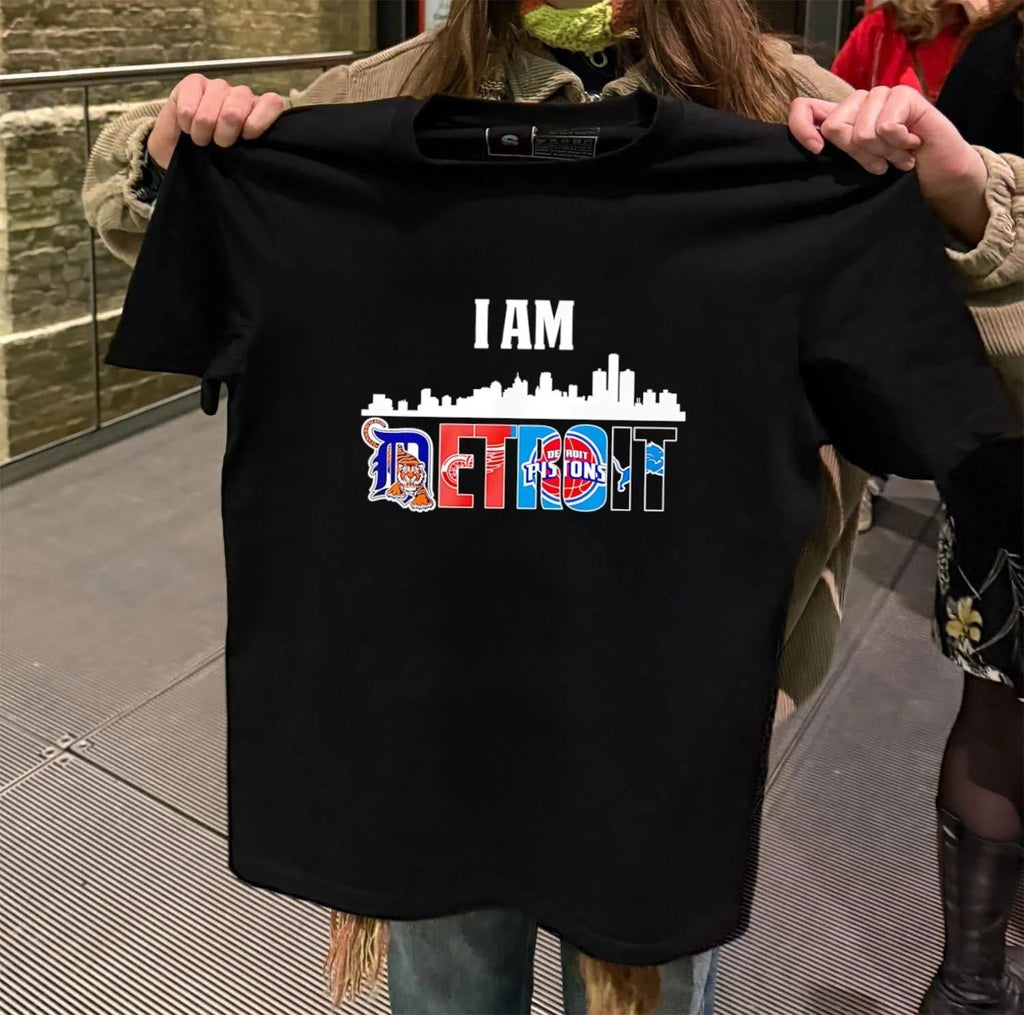 I Am Detroit City Skyline Tigers Red Wings Pistons - Adult & Kids T-Shirts, Sweatshirts & Hoodies apparel design preview 2