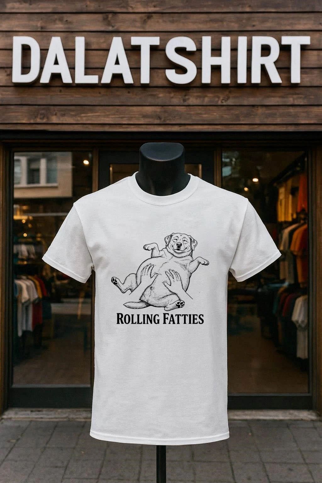 Rolling Fatties Happy Fat Dog Belly Rub Illustration - Adult & Kids T-Shirts, Sweatshirts & Hoodies apparel design preview 1
