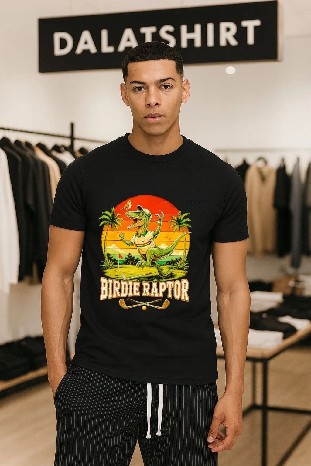 Birdie Raptor Dinosaur Playing Golf Vintage Sunset - Adult & Kids T-Shirts, Sweatshirts & Hoodies apparel design preview 1