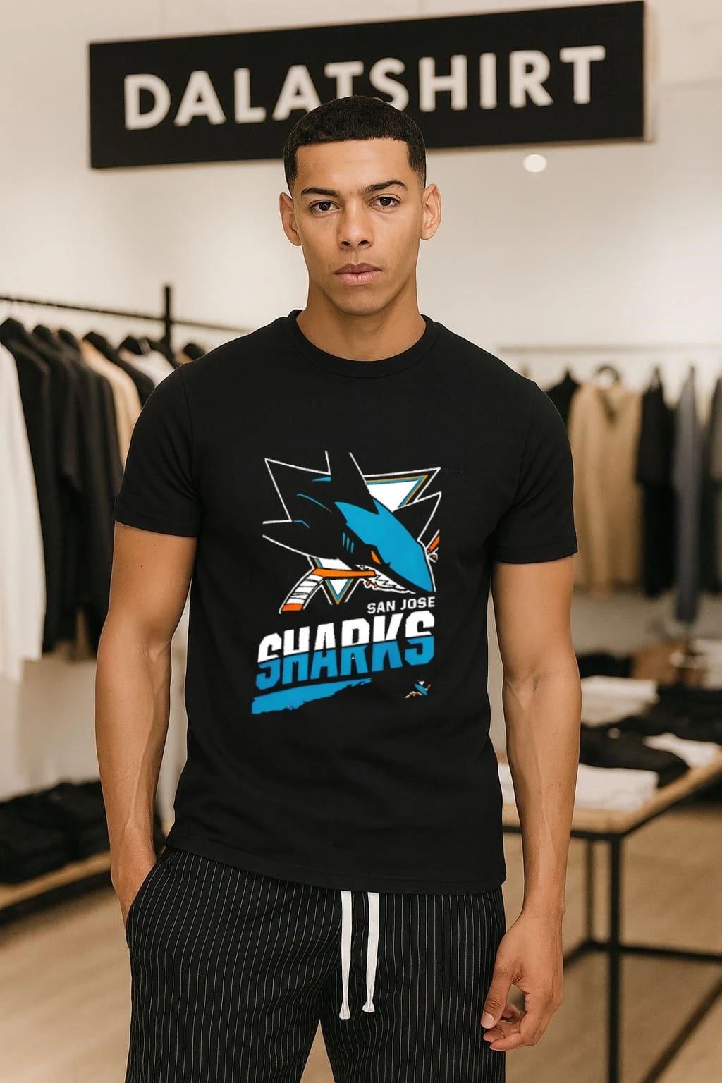 San Jose Sharks Teal Shark Biting Hockey Stick - Adult & Kids T-Shirts, Sweatshirts & Hoodies apparel design preview 1