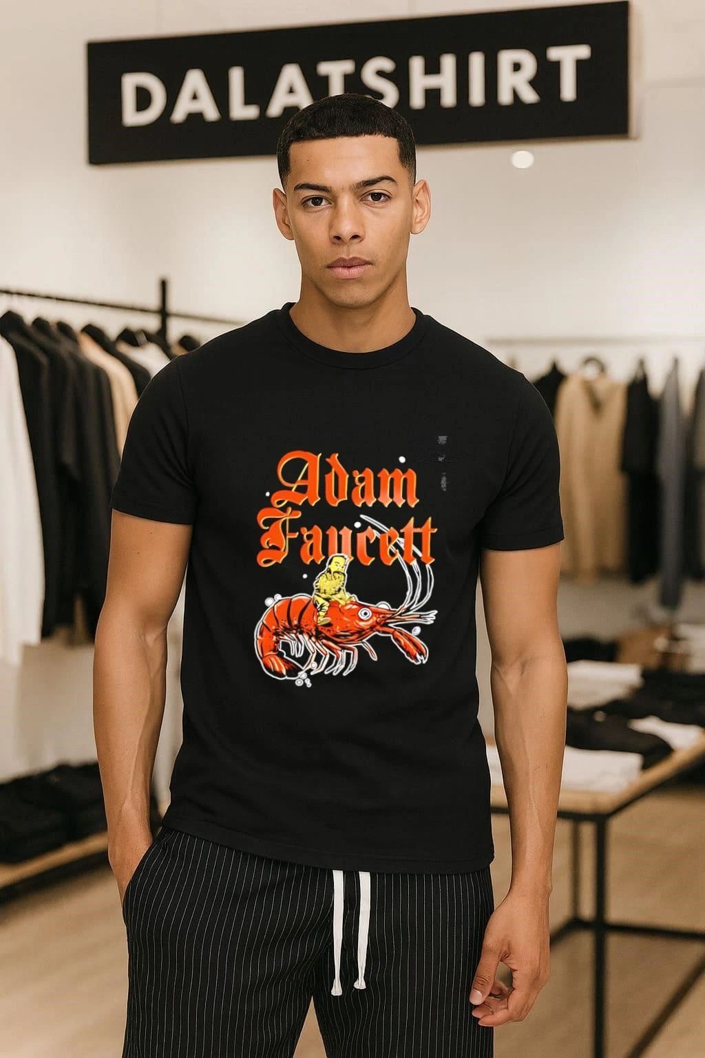 Adam Faucett Man Riding Giant Orange Shrimp - Adult & Kids T-Shirts, Sweatshirts & Hoodies apparel design preview 1