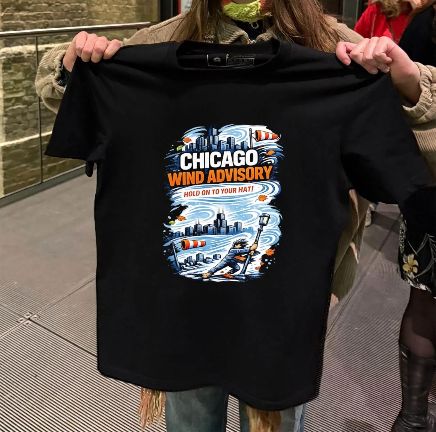 Chicago Wind Advisory Hold On To Your Hat - Adult & Kids T-Shirts, Sweatshirts & Hoodies apparel design preview 2