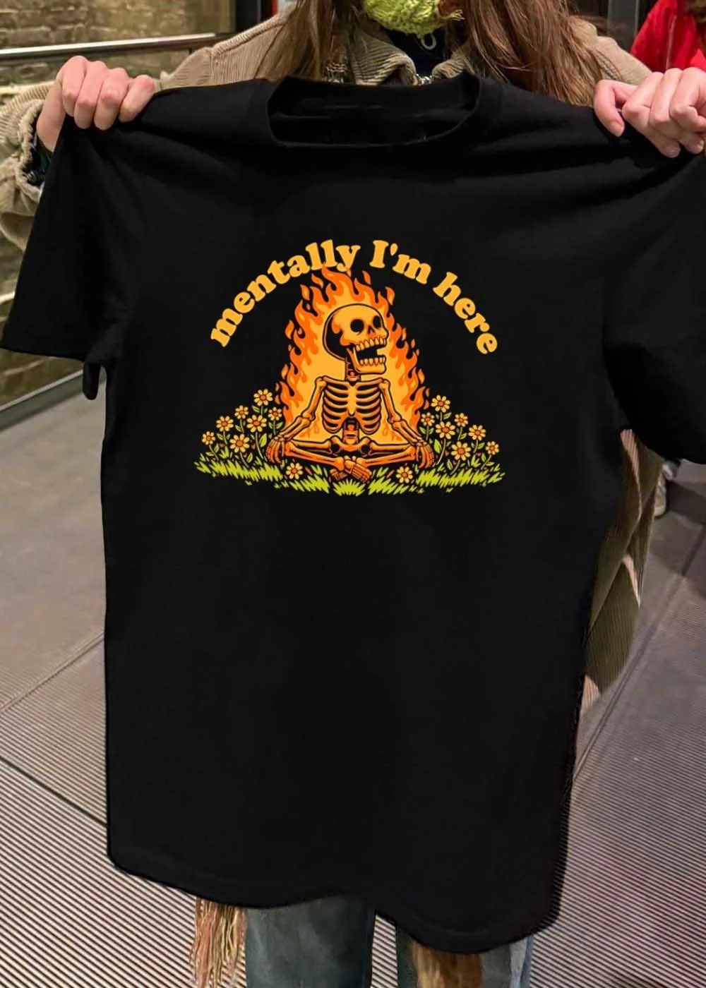 Mentally I Am Here Meditating Skeleton Campfire - Adult & Kids T-Shirts, Sweatshirts & Hoodies apparel design preview 2