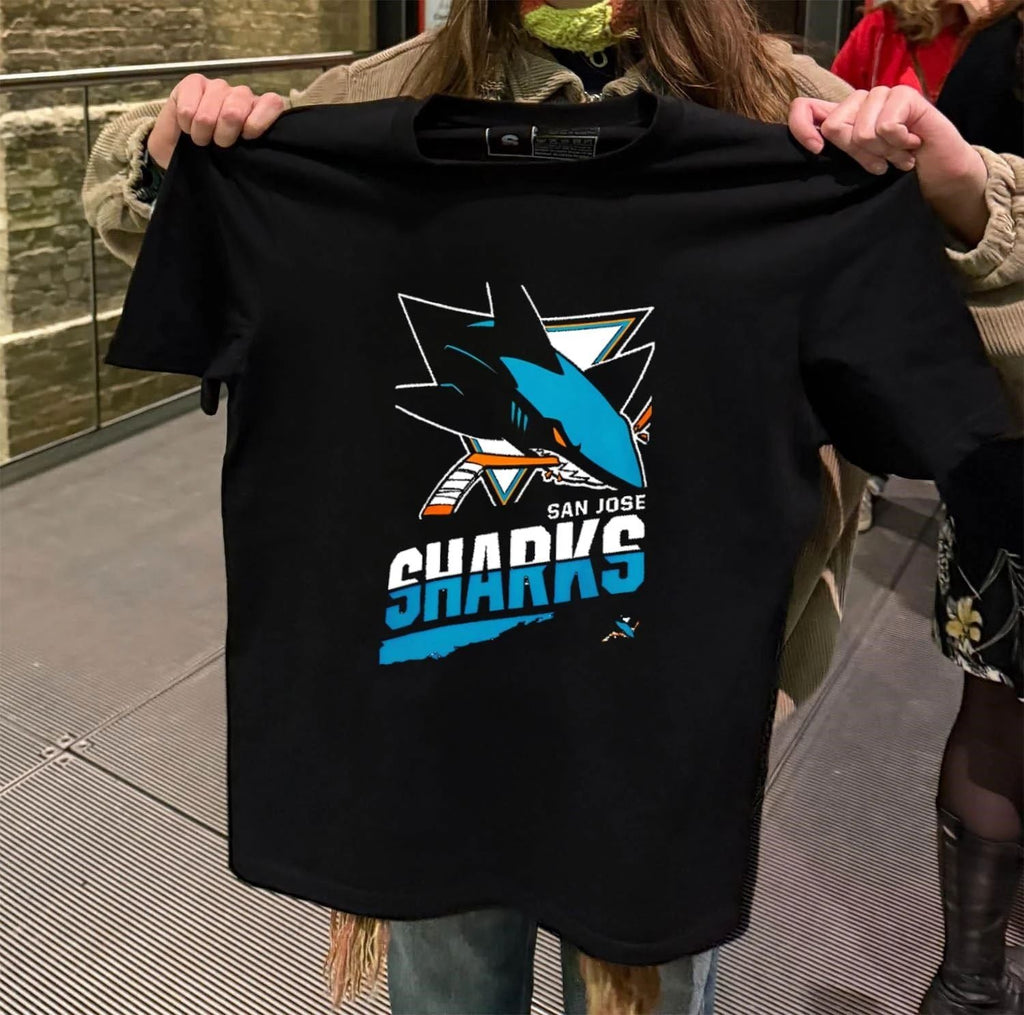 San Jose Sharks Teal Shark Biting Hockey Stick - Adult & Kids T-Shirts, Sweatshirts & Hoodies apparel design preview 2