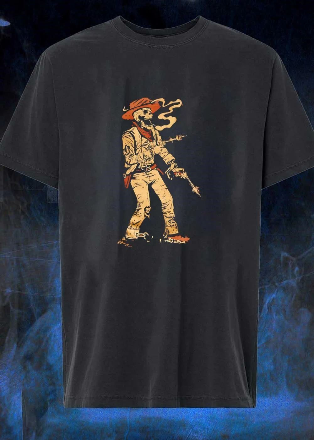 Skeleton Cowboy Smoking Hat Pierced Guns - Adult & Kids T-Shirts, Sweatshirts & Hoodies apparel design preview 1