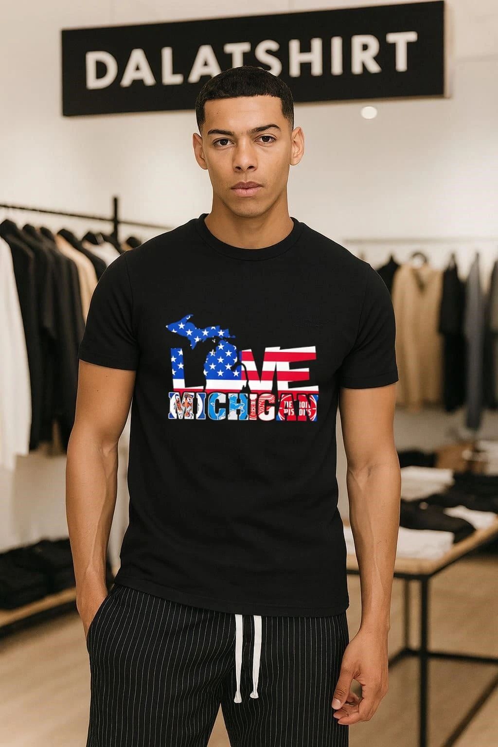 Love Michigan Map USA Flag Detroit Tigers Lions Red - Adult & Kids T-Shirts, Sweatshirts & Hoodies apparel design preview 1