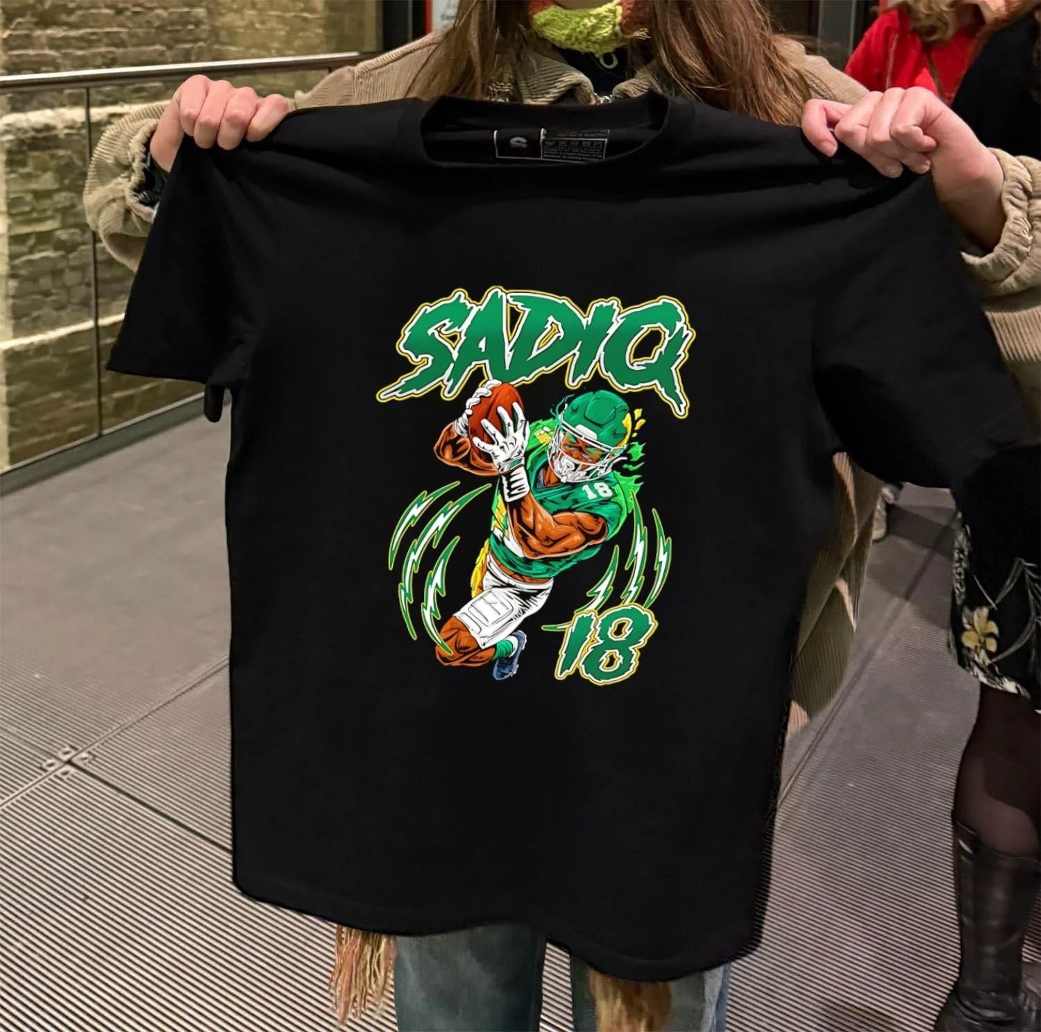 Sadiq 18 American Football Player Catching Ball Neon - Adult & Kids T-Shirts, Sweatshirts & Hoodies apparel design preview 2