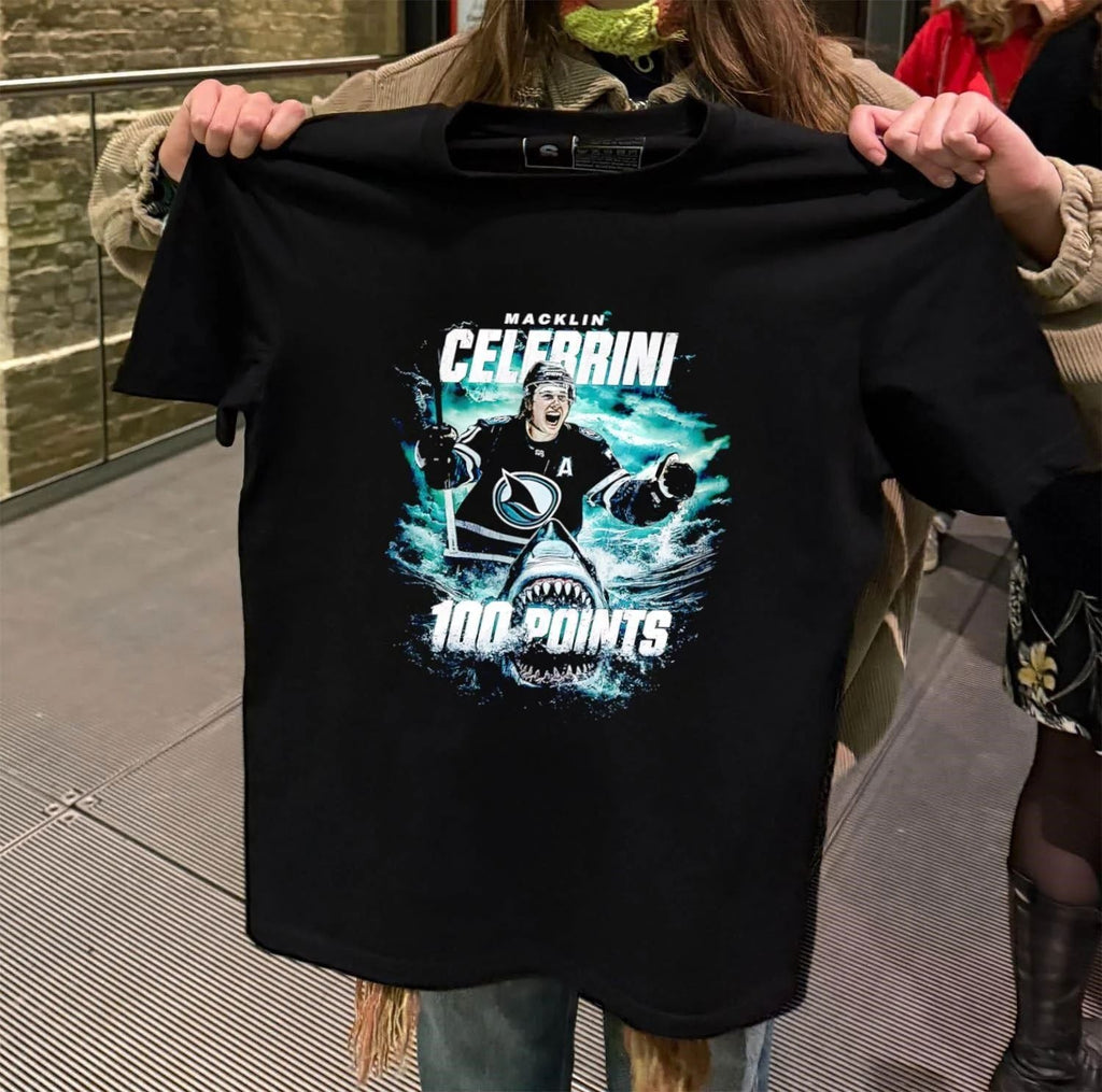 San Jose Sharks Macklin Celebrini #71 100 Point - Adult & Kids T-Shirts, Sweatshirts & Hoodies apparel design preview 2