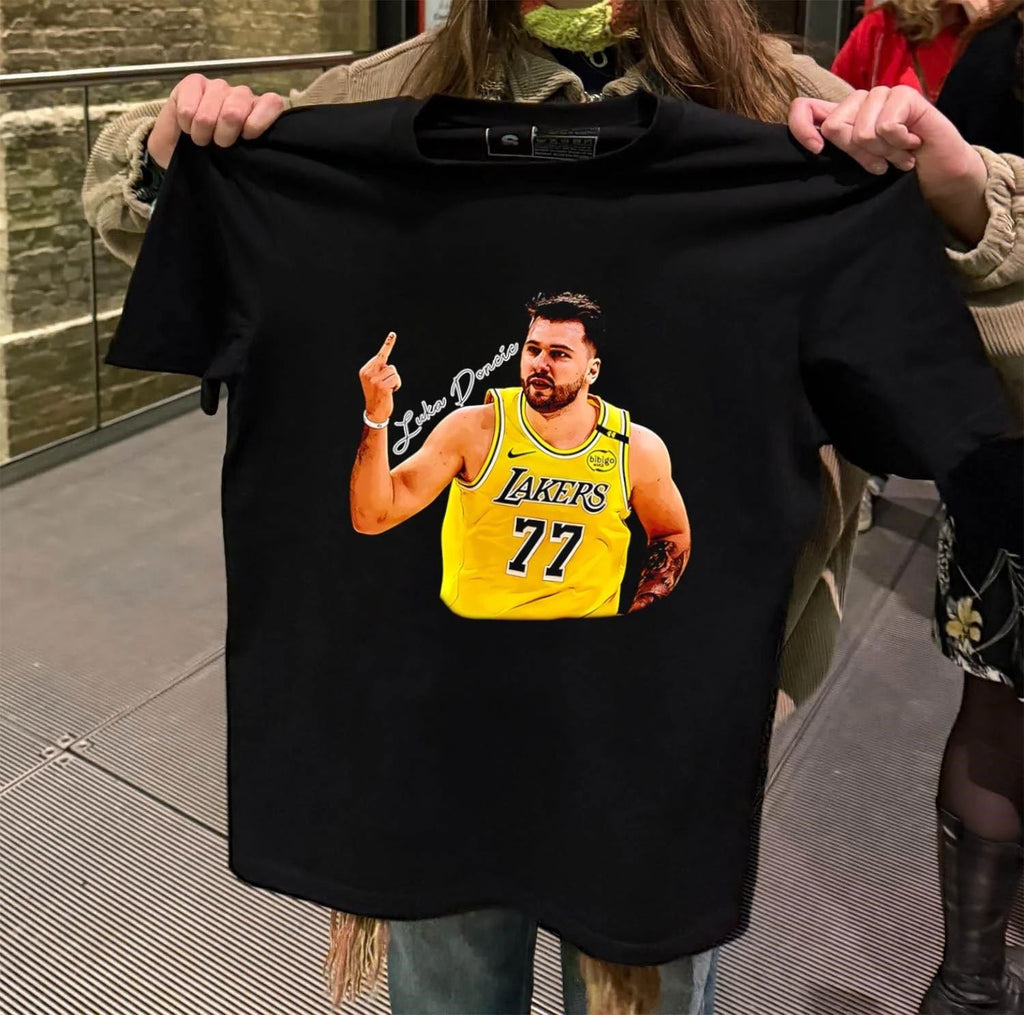 Luka Doncic Lakers 77 Middle Finger Gesture - Adult & Kids T-Shirts, Sweatshirts & Hoodies apparel design preview 2
