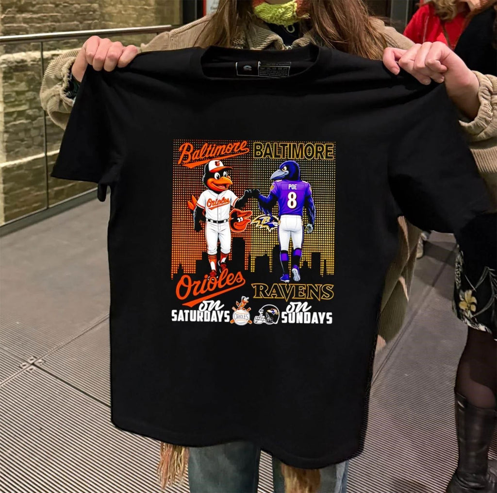 Baltimore Orioles on Saturdays Ravens Sundays Mascots - Adult & Kids T-Shirts, Sweatshirts & Hoodies apparel design preview 2