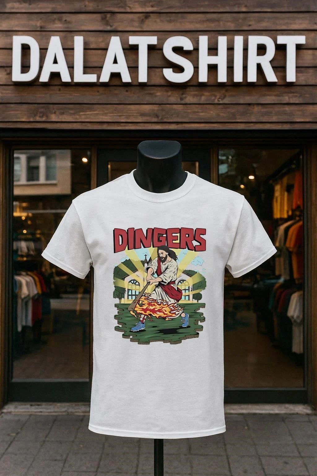 Dingers Jesus Hitting Baseball With Flaming Bat - Adult & Kids T-Shirts, Sweatshirts & Hoodies apparel design preview 1