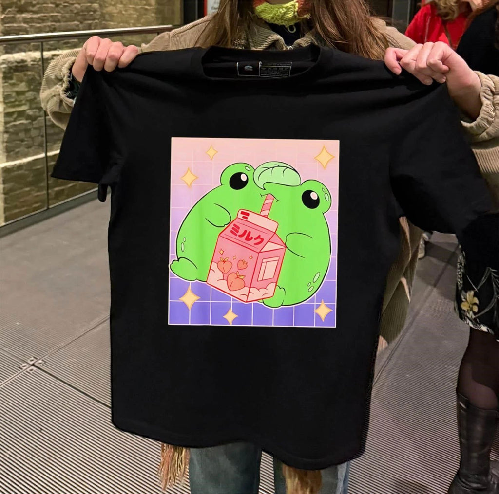 Frog Drinking Peach Milk Cartoon - Adult & Kids T-Shirts, Sweatshirts & Hoodies apparel design preview 2