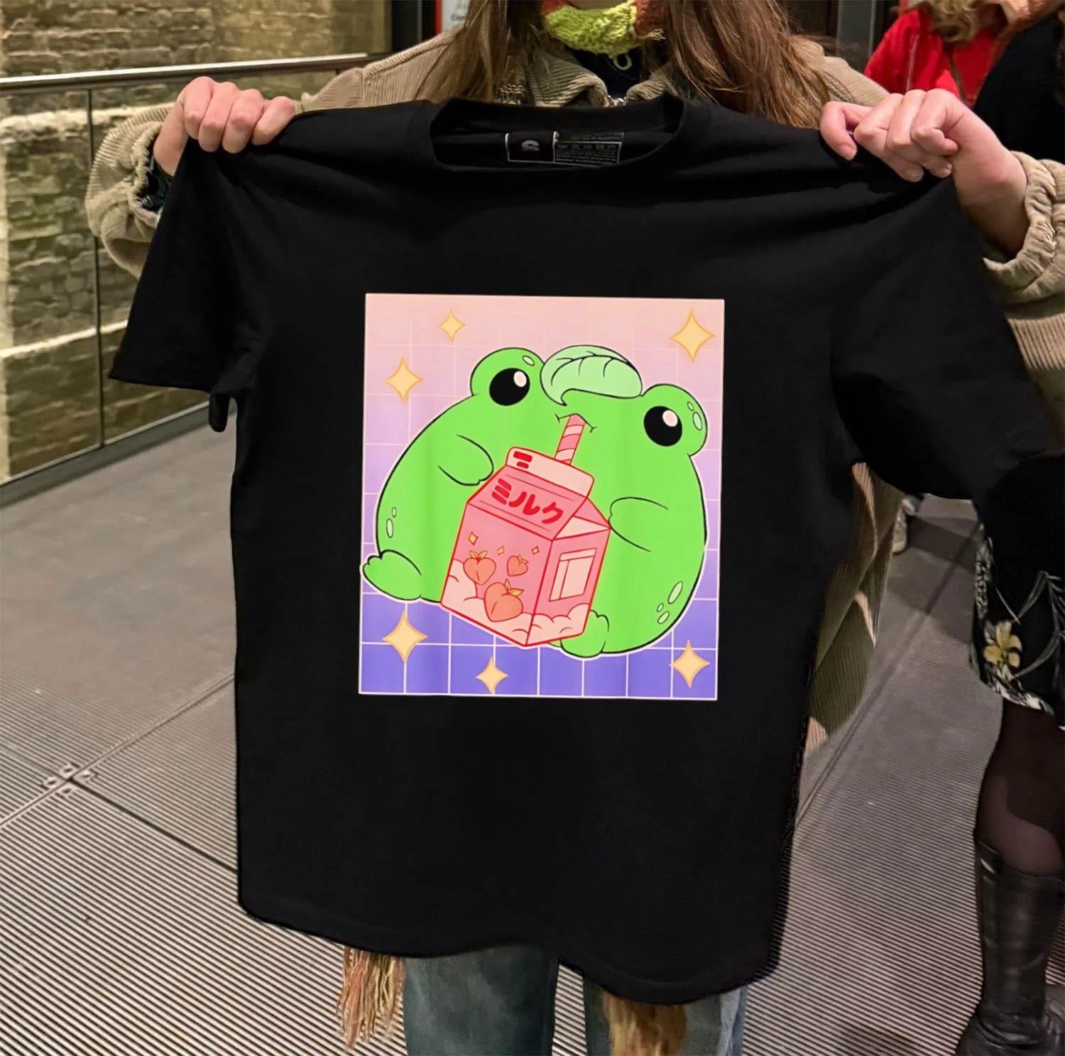 Frog Drinking Peach Milk Cartoon - Adult & Kids T-Shirts, Sweatshirts & Hoodies apparel design preview 2