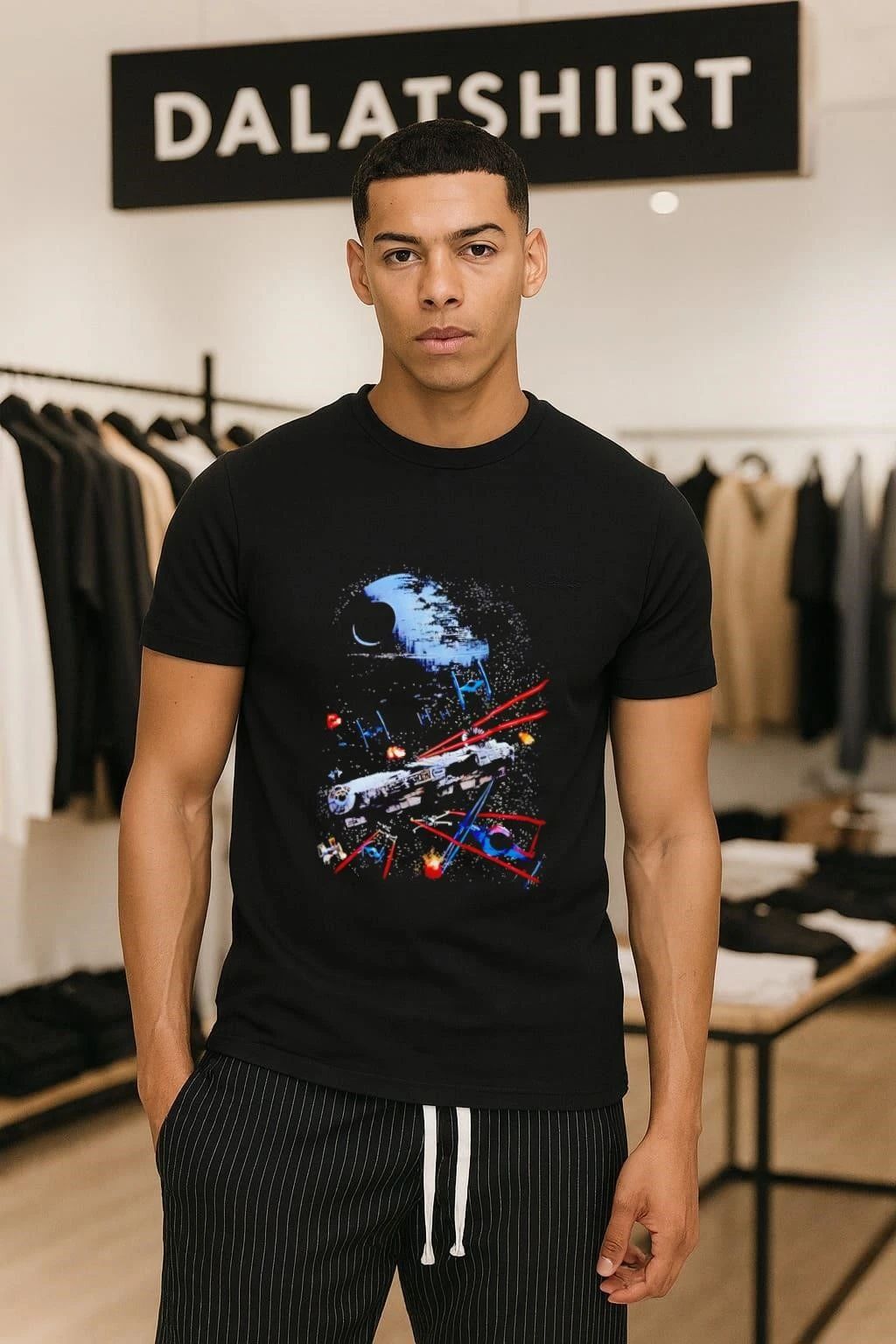 Millennium Falcon Death Star Battle Space Scene - Adult & Kids T-Shirts, Sweatshirts & Hoodies apparel design preview 1