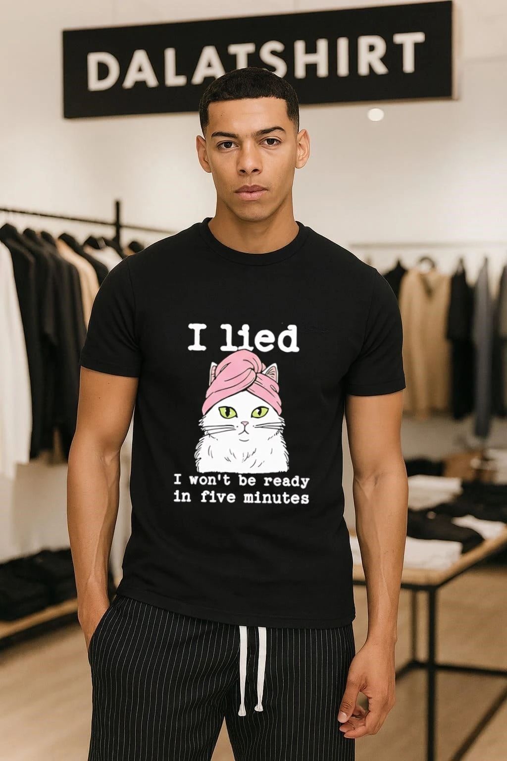Cat Pink Towel I Lied Won't Be Ready In Five Minutes - Adult & Kids T-Shirts, Sweatshirts & Hoodies apparel design preview 1
